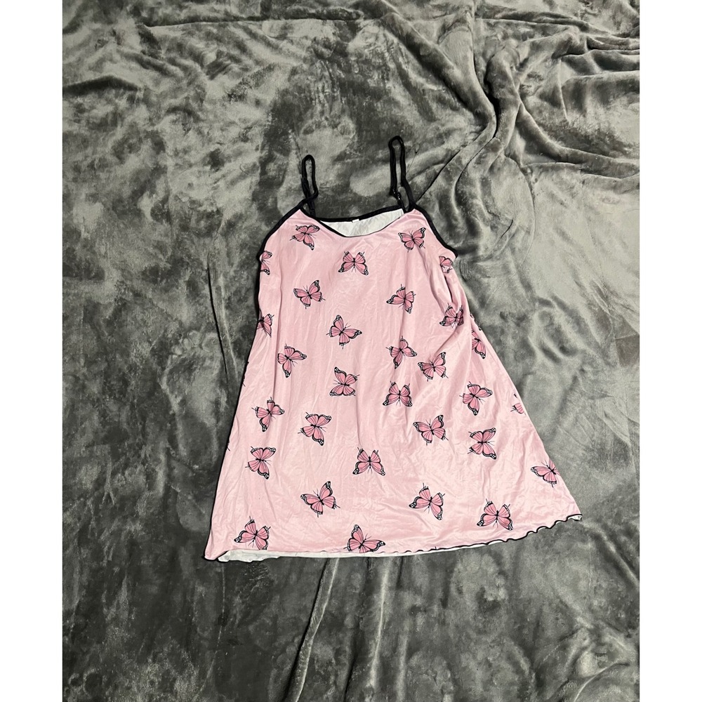 Pink Butterfly Print Nightgown V-Neck Spaghetti Strap Sleep Dress Medium